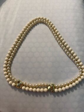 Elegant Cream Double-Strand Faux Pearl and Bead Necklace with Gold Accents